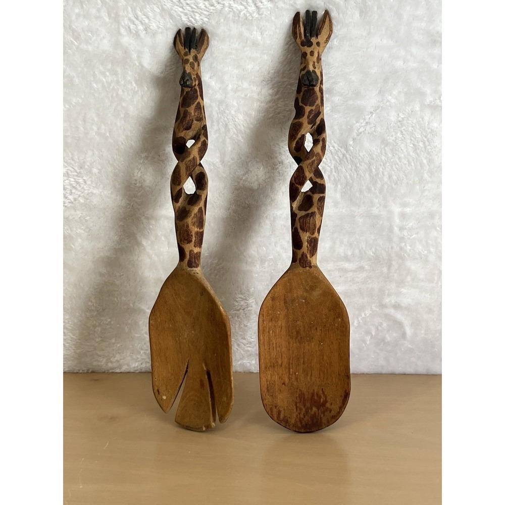 Vintage Carved Wood Giraffe Salad Servers Spoon & Fork Set Hand Painted